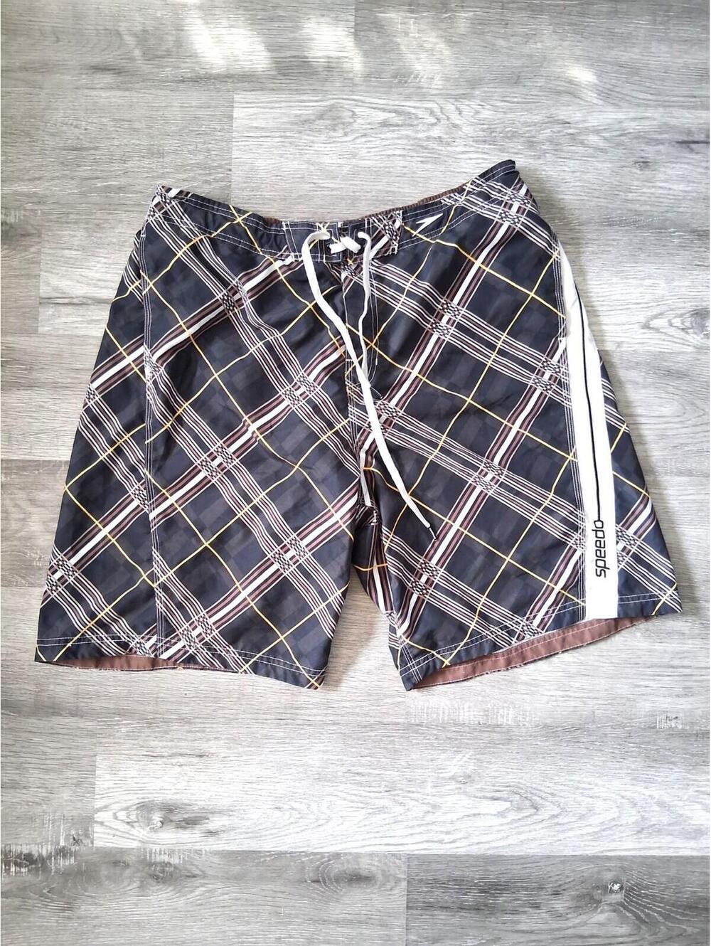 Speedo Men's XL Black/White/Brown Plaid Swim Trunks/Shorts, Drawstring, Lined